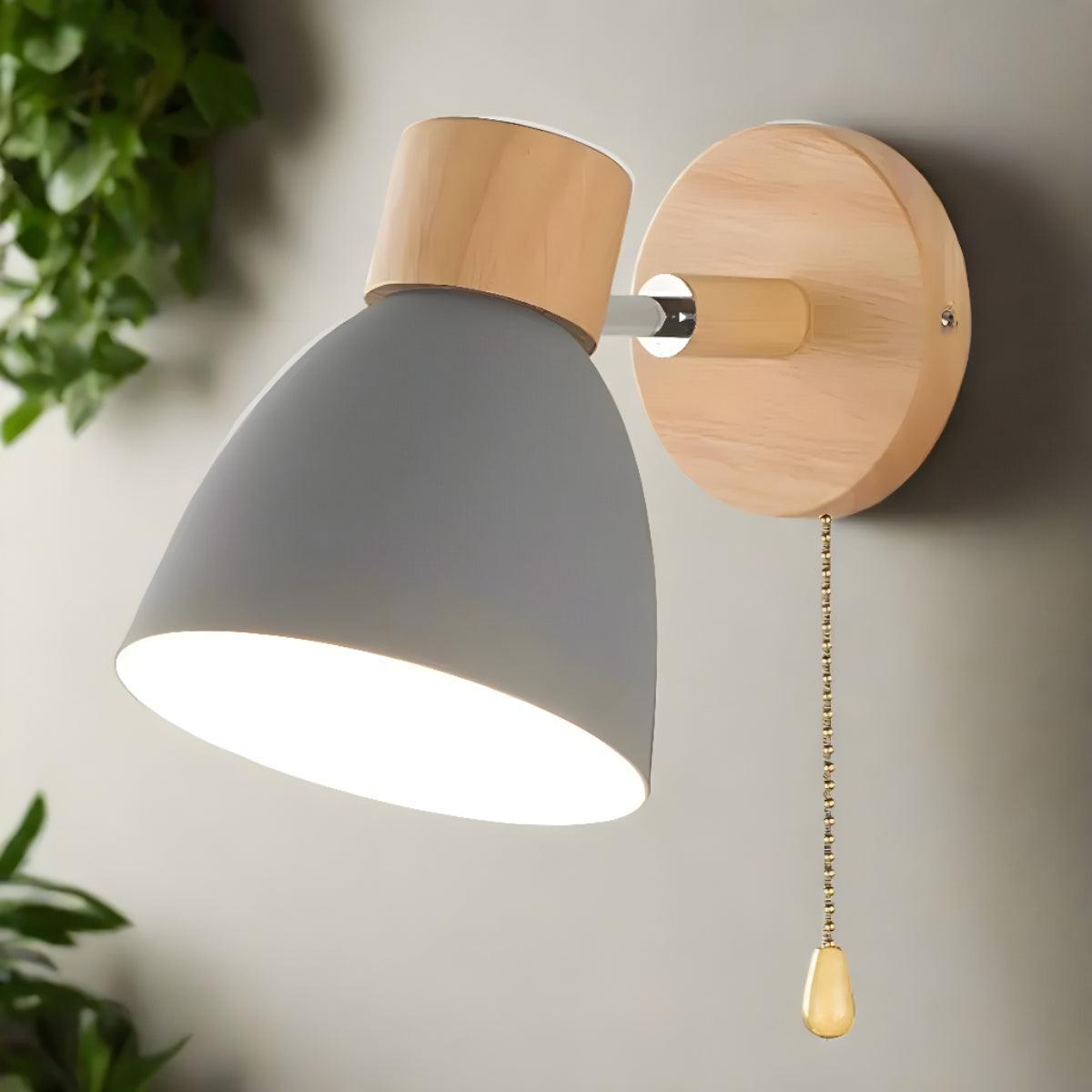 Scandinavian Wall Sconce With Pull Chain Switch and Natural Wood Accents