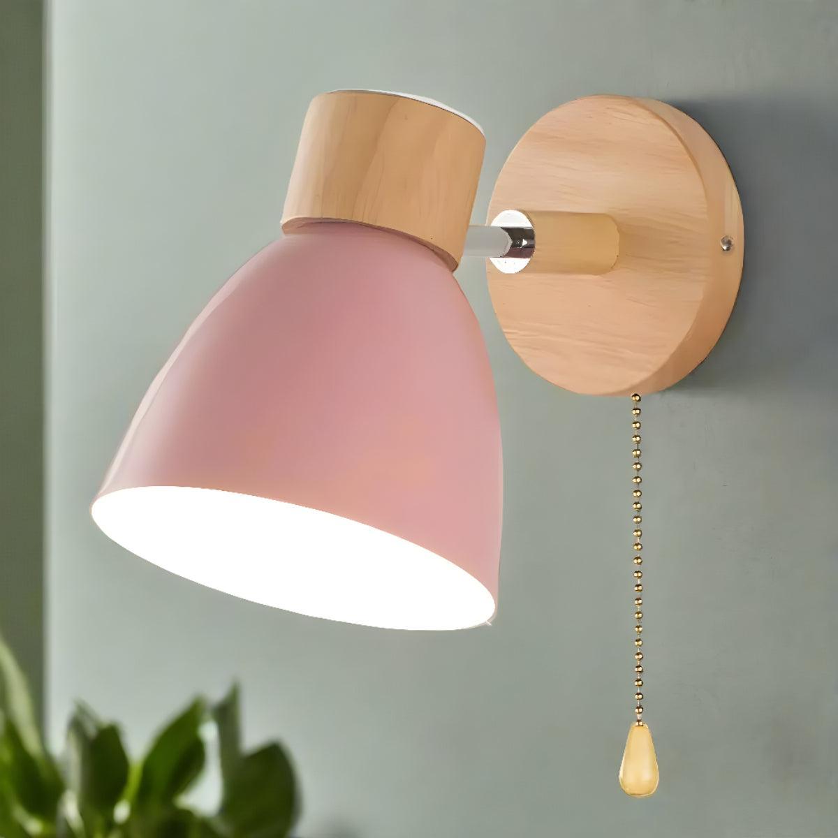 Scandinavian Wall Sconce With Pull Chain Switch and Natural Wood Accents