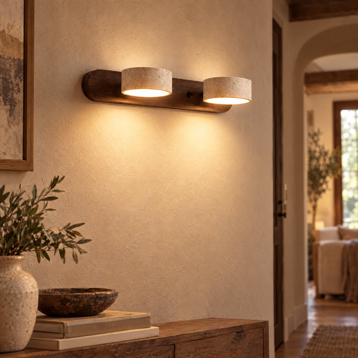 Travertine LED Wall Light With Warm Architectural Glow | lifestyle
