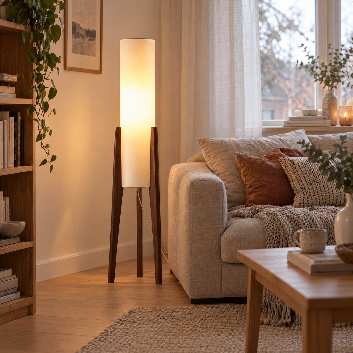 Scandinavian Walnut Floor Lamp with Dimmable LED Light | lifestyle
