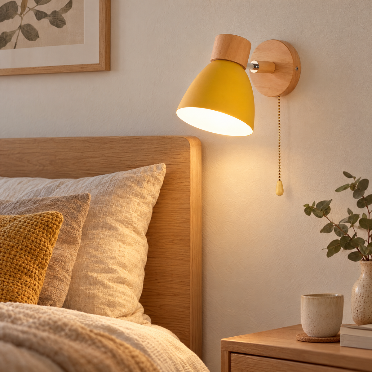 Scandinavian Wall Sconce With Pull Chain Switch and Natural Wood Accents | lifestyle