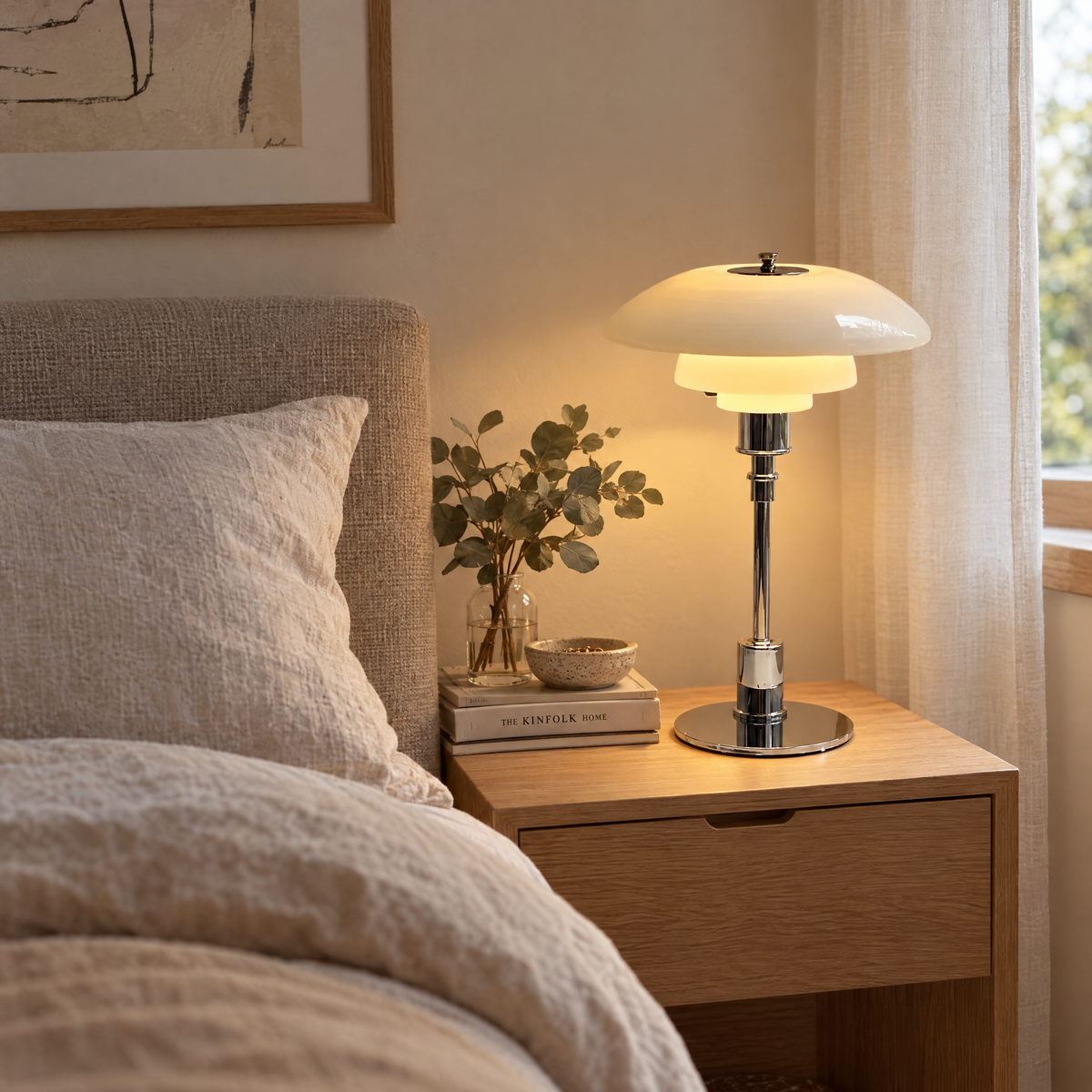 Modern Mushroom Bedside Table Lamp With Warm LED Glow and Layered Shade | lifestyle